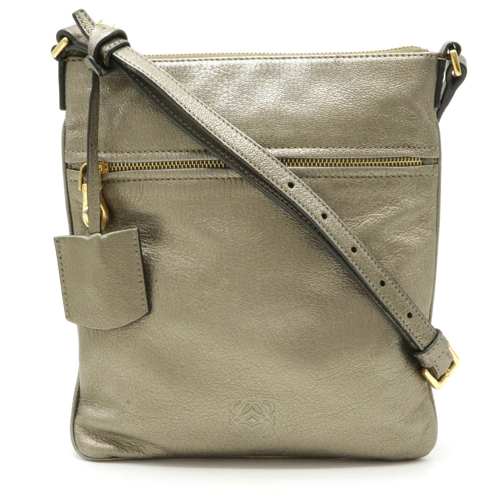 Loewe Anagram Crossbody Bag Metallic Leather Silver Khaki Green